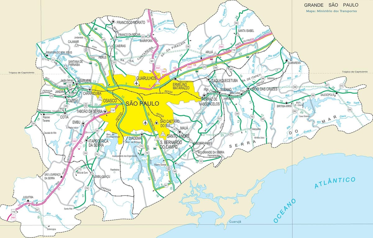 지도의 고속도로 외곽의 São Paulo