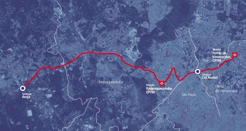 지도 corredor BRT metropolitano Perimetral Alto Tietê
